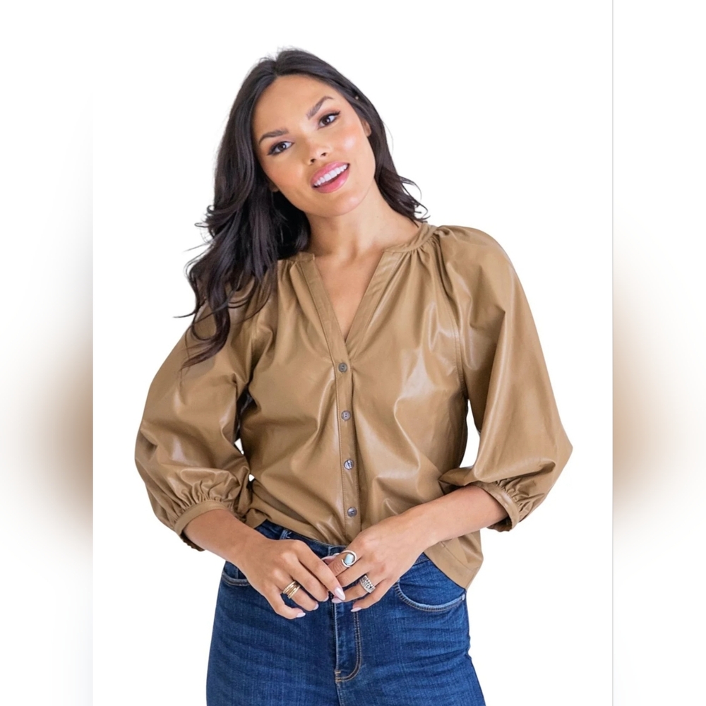 Karlie Brown Leather Button-Up Top